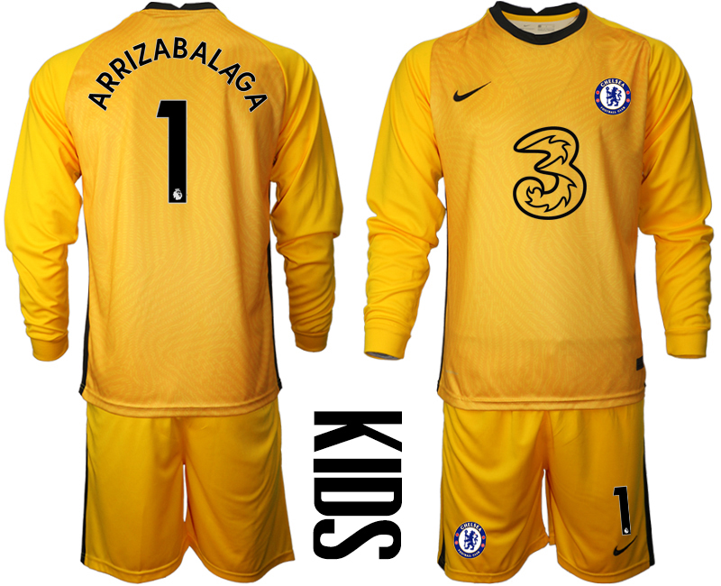 2021 Chelsea yellow goalkeeper Youth long sleeve #1 soccer jerseys->youth soccer jersey->Youth Jersey